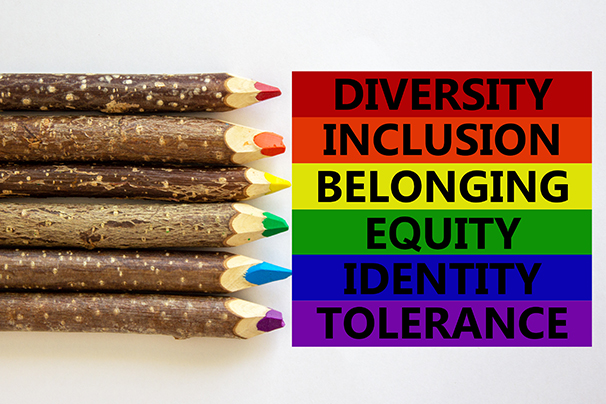 Rainbow pencils next to a list of words; diversity, inclusion, belonging, equity, identity and tolerance.