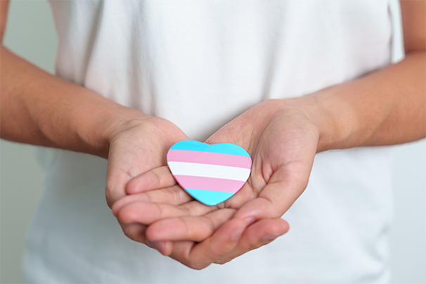 Person holding a heart shape item in their hands which has the colours of the Transgender Pride flag.